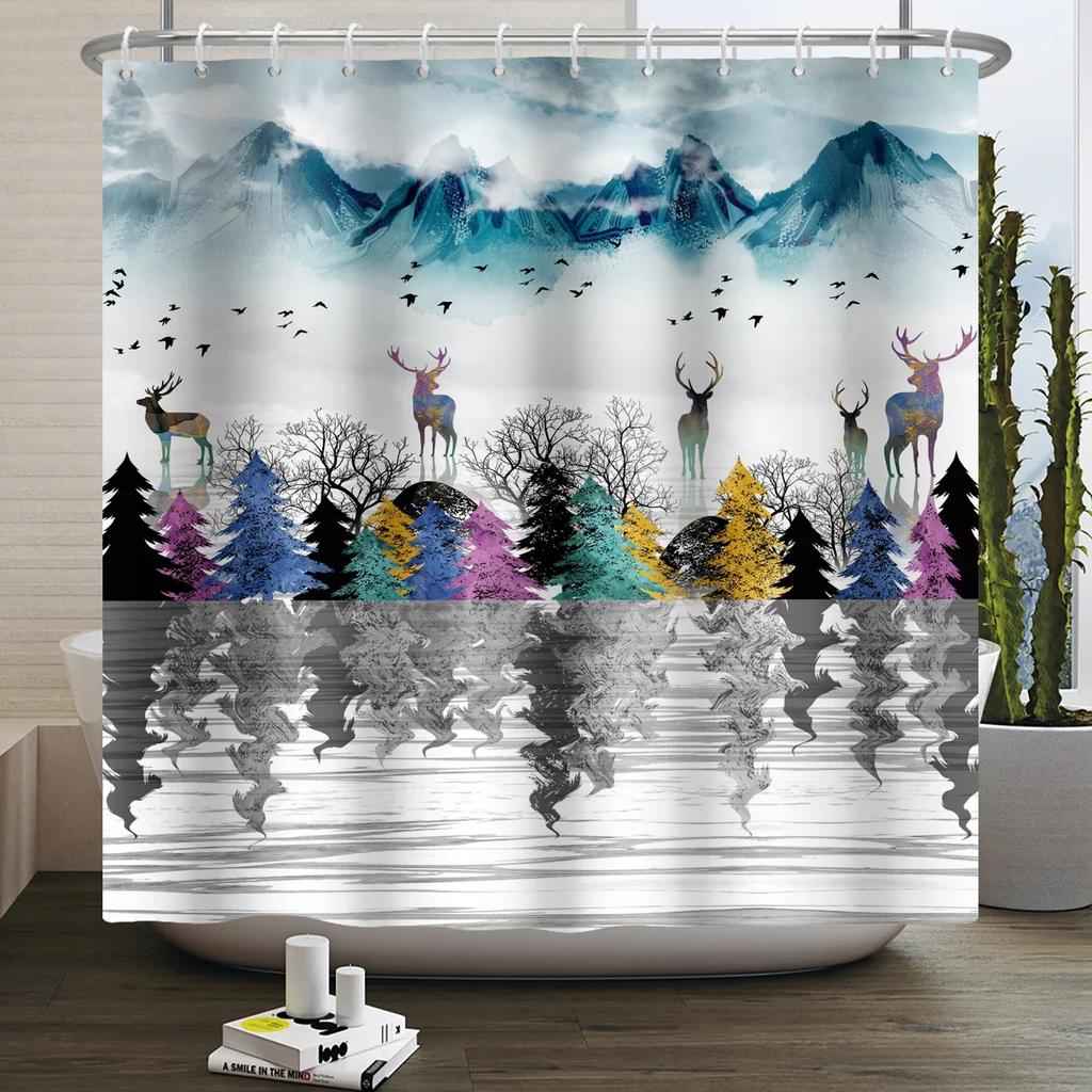 Chinese Ink Painting Landscape Shower Curtain Mountain Bamboo Modern Art Home Decor Bathroom Curtains Waterproof Shower Curtains