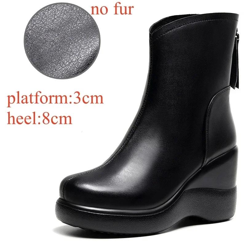 8cm Small Size 32-43 Vintage Genuine Leather Shoes Women's Ankle Boots Winter  High Heels Wedges Shoes Fur Motorcycle Boots