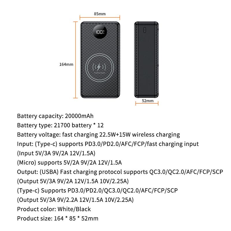 12*21700 Battery Holder 10W 22.5W Fast Charging 15W Wireless Charging Diy Power Case Dual Usb Type C Charge Box With Led Light