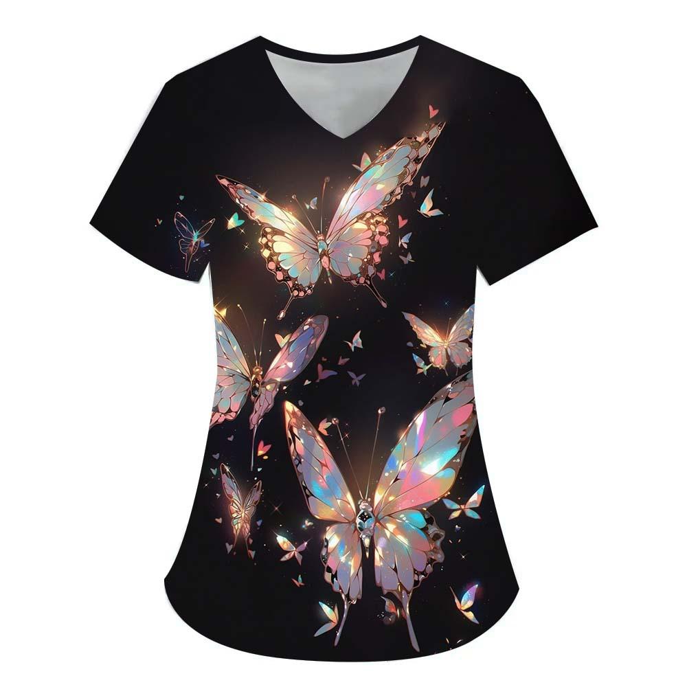 Damen T-Shirt V-Ausschnitt Krankenschwester Uniform Pendeln Schwarze Serie Schmetterlingsdruck Damen T-Shirt