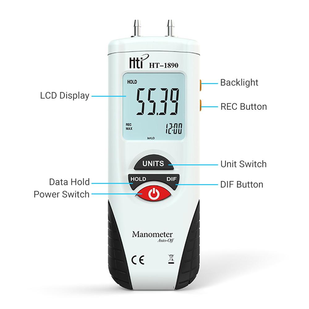 Hti LCD Mini Digital Manometer Differential Gauge Air Pressure Meter +  2Psi Data Hold 11 Units