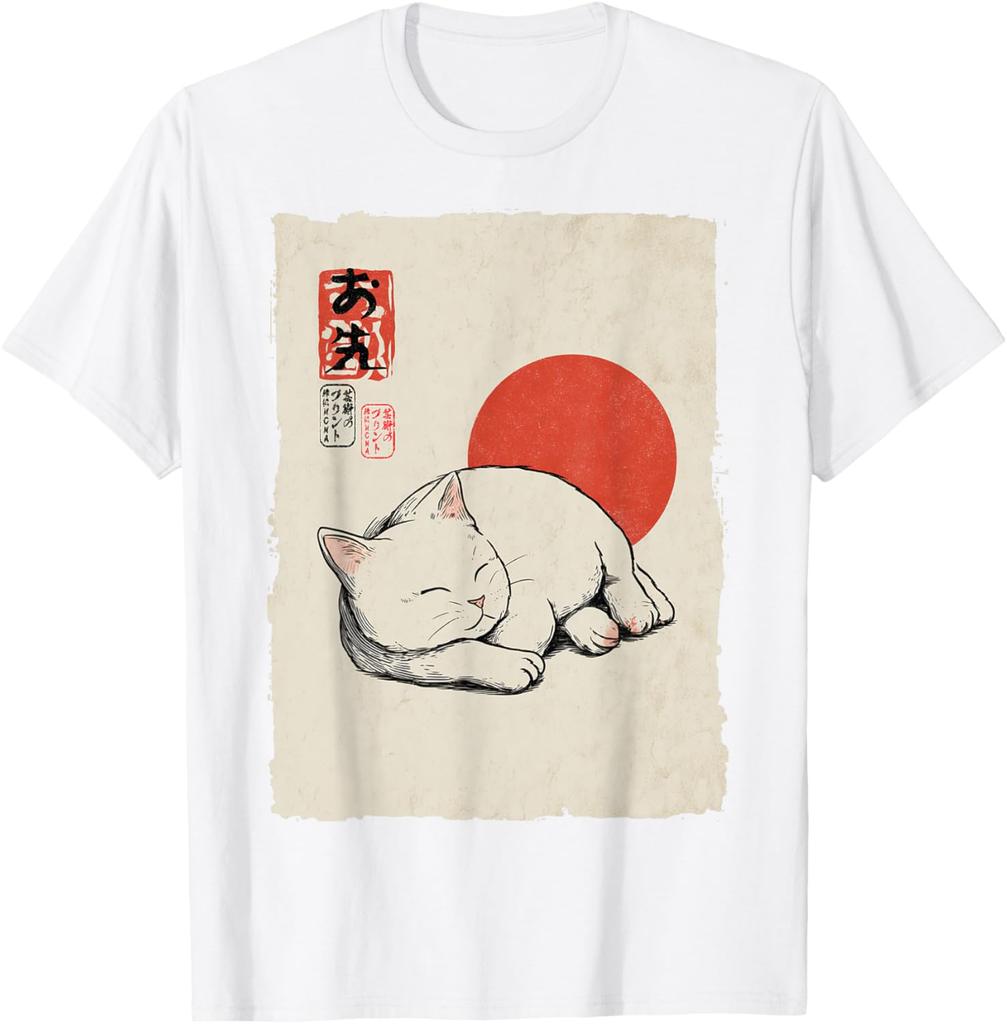 Gatto Bianco Dormiente Arte Giapponese Stile Ukiyo E Maglietta Grafica Casual in Cotone