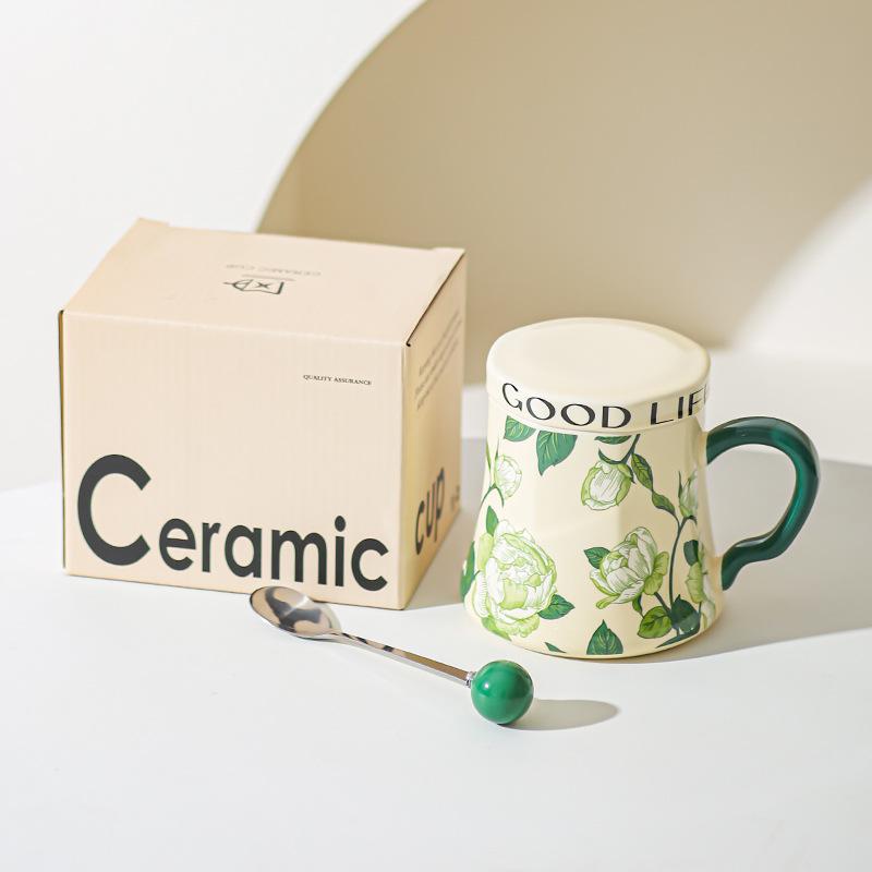 Lily of The Valley Ceramic Water Cup Home Office Large Capacity Coffee Cup Breakfast Cup with Lid Design Coffee Cup