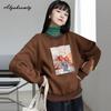 Koreanischer Stil Herbst Winter Damen Braun Kapuzenpullover O-Ausschnitt Blumendruck Lässig Locker Fleece Pullover Baggy Vintage Damen Basic Sweatshirt