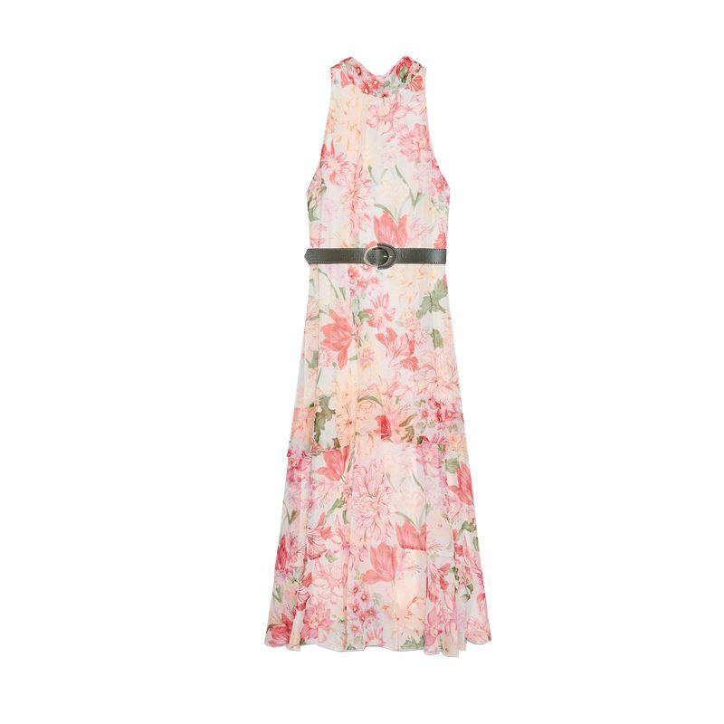 

Летний новый продукт Женская одежда с поясом Ламинированная отделка Принт Воротник-стойка Без рукавов Длина рукава Платье 3713359 Pink L