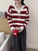 Cross-Color Striped Lace-Up Knit Sweater: Loose Long-Sleeve Top for Women, Perfect for Spring and Autumn