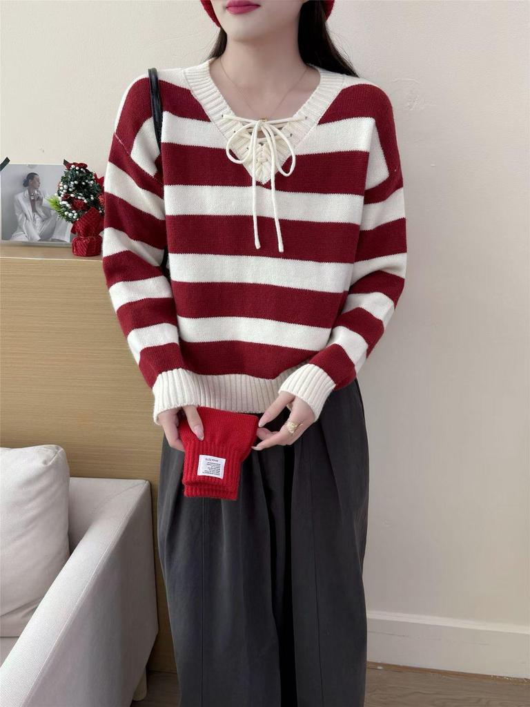 Cross-Color Striped Lace-Up Knit Sweater: Loose Long-Sleeve Top for Women, Perfect for Spring and Autumn