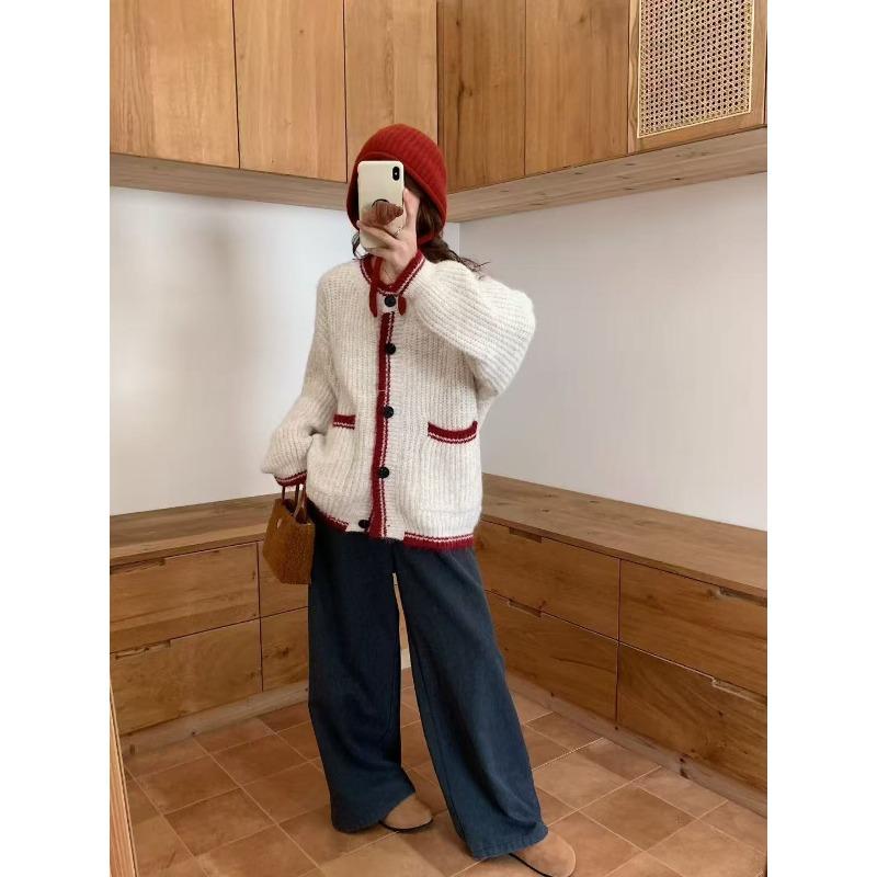 Autumn and winter new retro lazy wind knitted cardigan women's contrasting colors versatile loose soft waxy sweater jacket