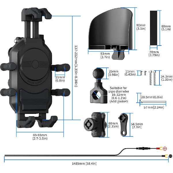 Motorcycle Phone Mount With 15W Wireless Charger & PD/USB-C USB Quick Charger Anti Vibration Theft Motorcycle Phone Holder With Sun Shade For