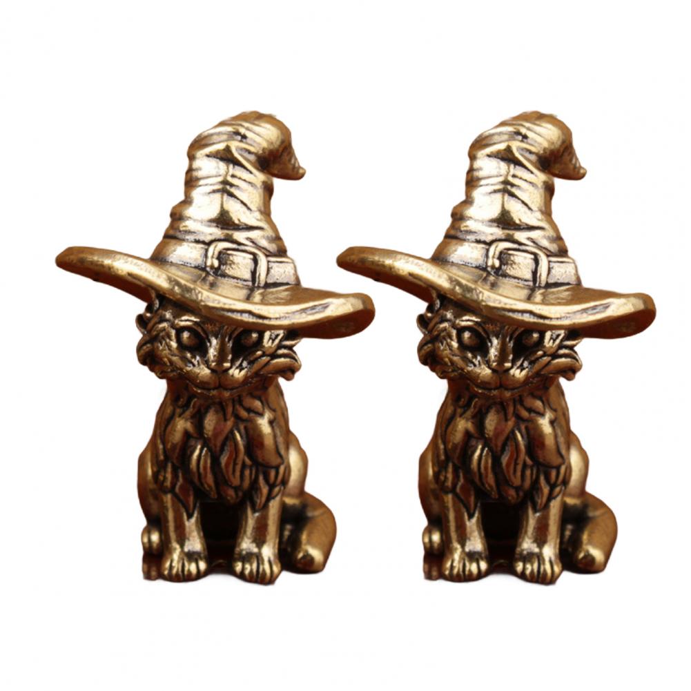 Demon Cat Ornament Retro Brass Cat Sculpture Enchanting Retro Cat Witch Ornament with Hat Solid Brass Sculpture for Desktop