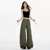 Khaki American street loose wide-leg pants for women, summer lazy style work pants, high-waisted casual curved knife sports pants