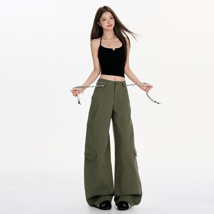 Khaki American street loose wide-leg pants for women, summer lazy style work pants, high-waisted casual curved knife sports pants