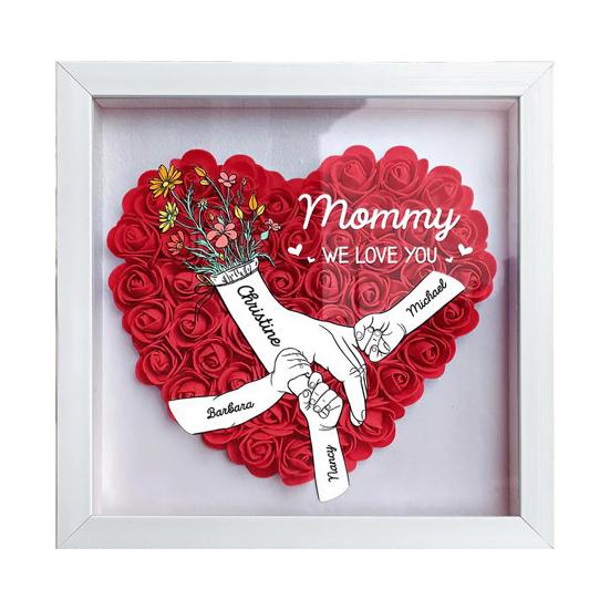 Personalisierte Mommy Ich Liebe Dich Blume Schattenbox Benutzerdefinierte Namen Händchen haltend Rahmen Geschenke für Mama Oma von Tochter oder Sohn am Muttertag