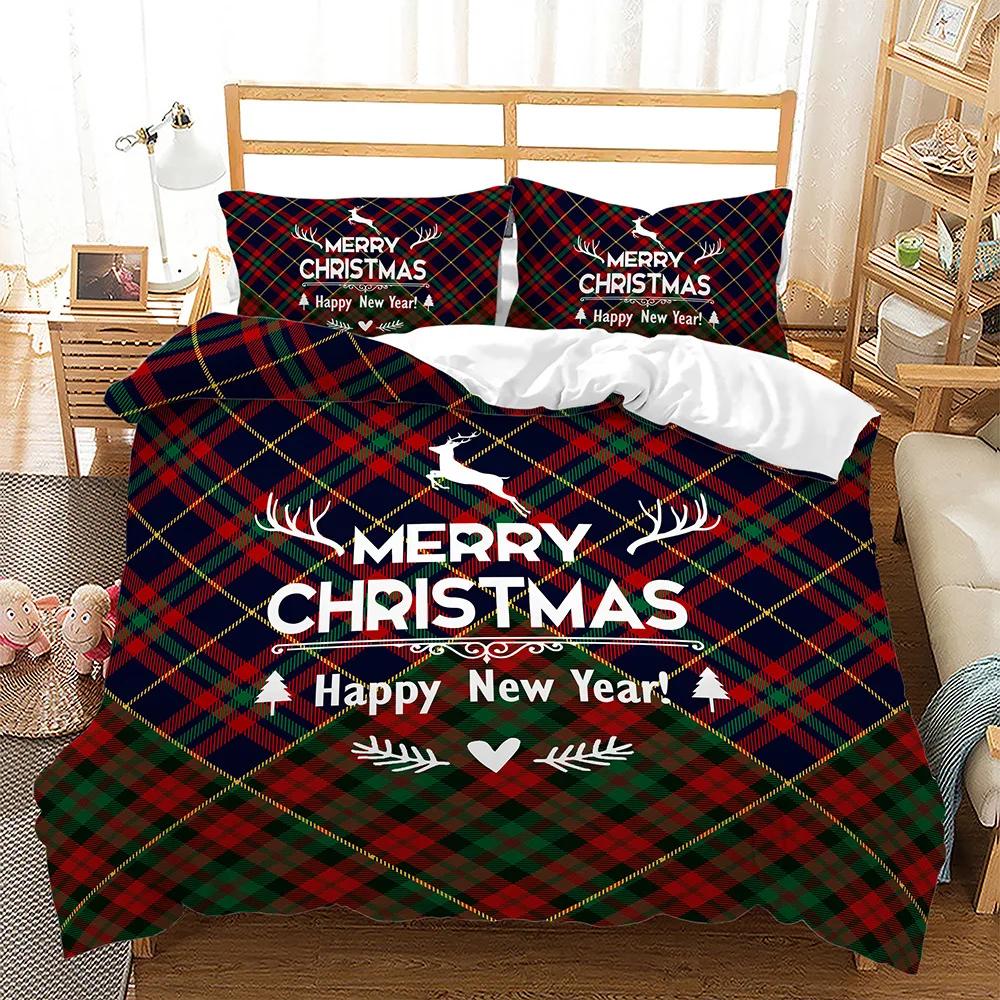 Merry Christmas Tree Duvet Cover Navidad Plaid Twin King Festival Santa Deer Bedding Set Polyester Quilt For Adults Home Decor