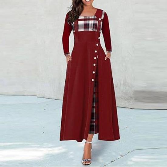 

Платье QICED с круглым вырезом, контрастными цветами, длинными рукавами, неровным длинным подолом, юбка XXXXXL бордовый