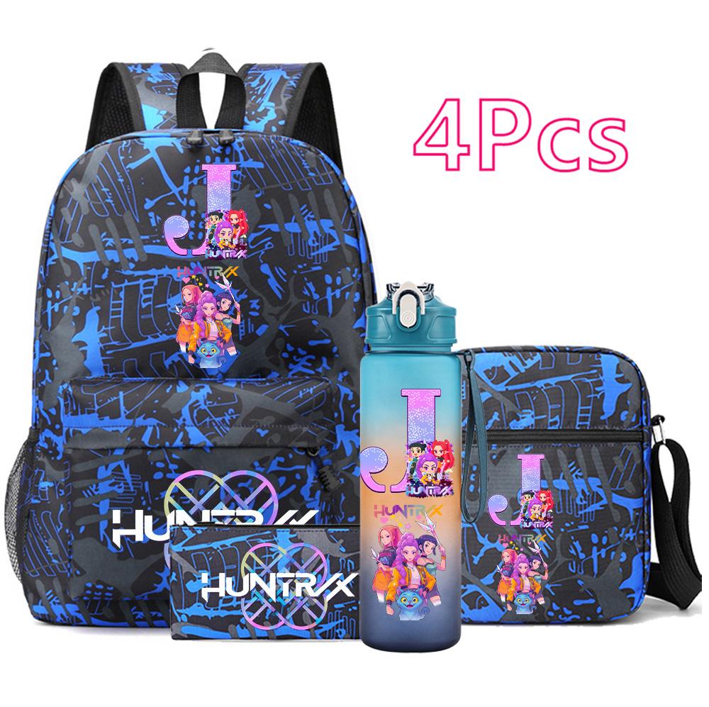 4 st/set Anime Tryckt Ryggsäck Stor Kapacitet Bokväska Axelväska Fodralväska med 750 ml Vattenflaska Pojke Flicka Skolväska Mochila