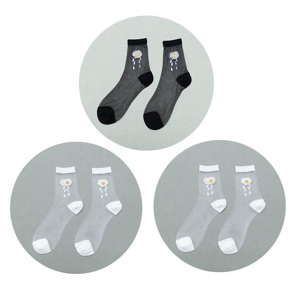 3 Pairs Of Women's Flower Socks Summer Crystal Glass Stockings Medium Short Tube Thin Transparent Daisy  Jacquard Elastic  Socks
