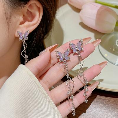 Purple Silver Butterfly Long Tassel Earrings Shiny Zirconia Sweet Fashion Drop Earrings Daily Party Accessories