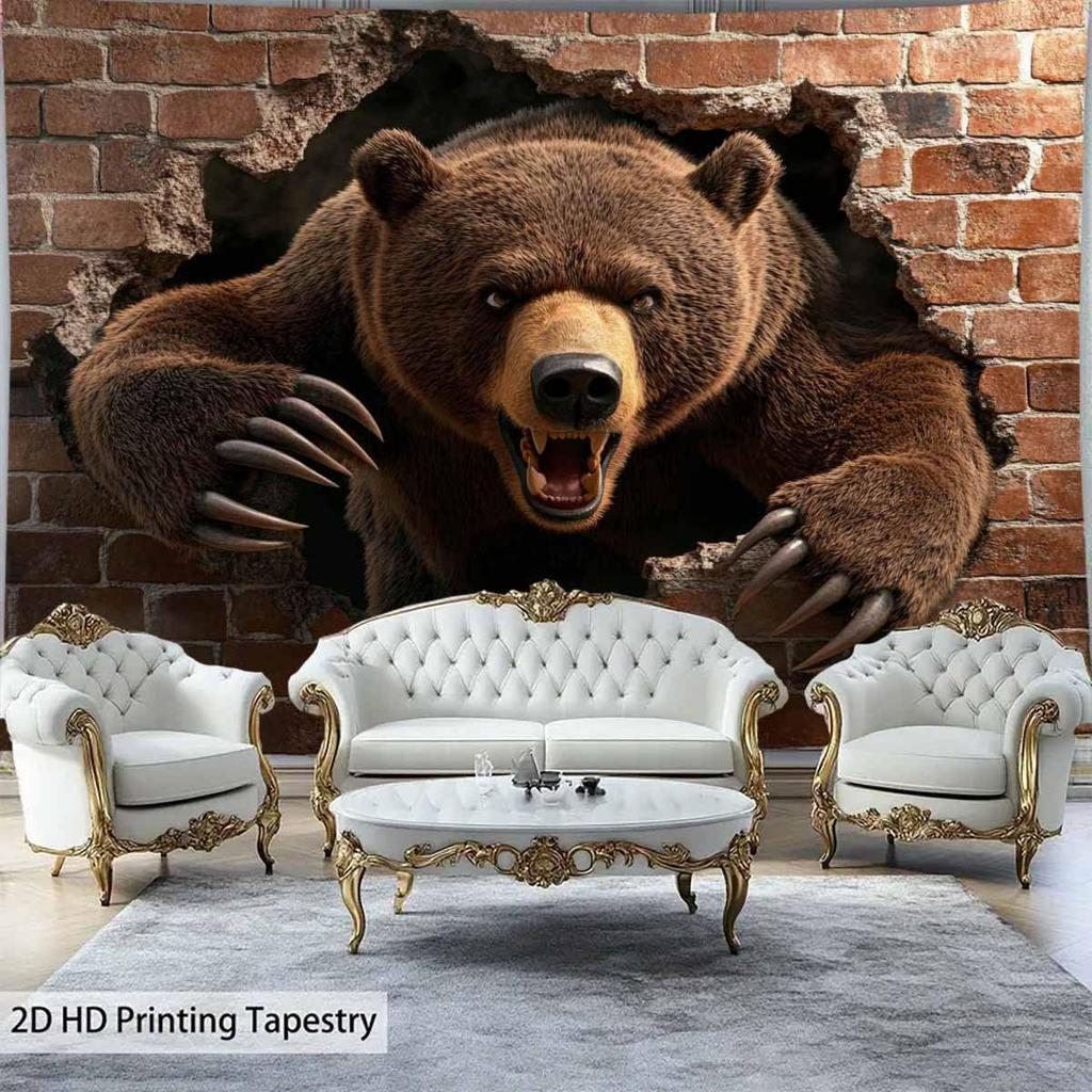 3D Fierce Bear Breakthrough Wall Art Tapestry, Aggressive Powerful Animal Print Poster Wide Wall Hanging For Bedroom Living Room