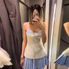 Patchwork Contrast Color Dress Pleated Hem Women Slim Sweet Strap Single Breasted Dresses Blue Y2K College Style 2025 Summer