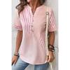 Women's V Neck Short Sleeve Blouse Loose Fit Casual Asymmetric Stripe Patchwork Linen Blend Shirt