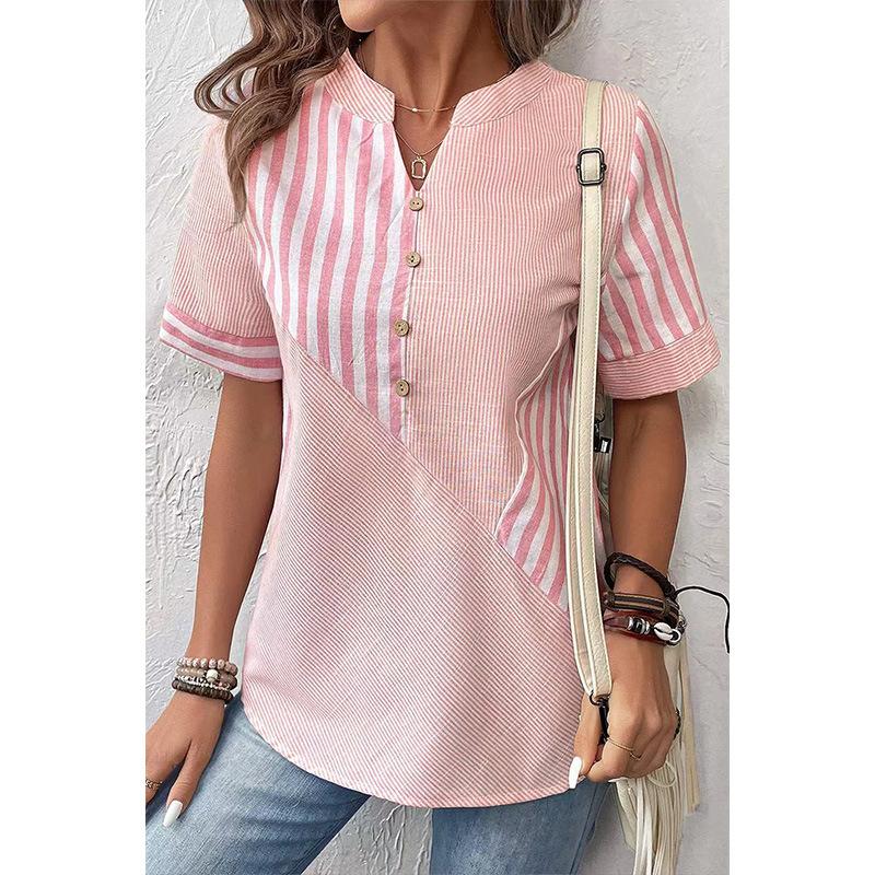 Women's V Neck Short Sleeve Blouse Loose Fit Casual Asymmetric Stripe Patchwork Linen Blend Shirt