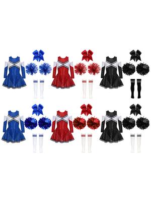 Cheerleader-Kostüm für Mädchen, Kontrastfarbe, glänzende Pailletten, schulterfreies Kleid, passende Kopfschleife, Handdekor, Sportsocken
