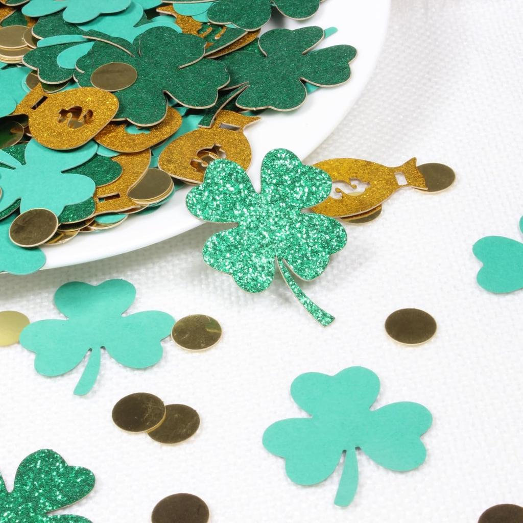 St Patricks Day Confetti for Table, Green 4 Leaf Clover and Shamrock Confetti for St Patricks Day Party Decorations, 380PCS