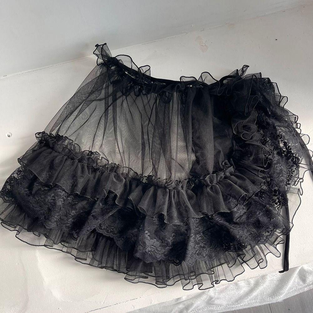 White Black Lolita Short Shawl Lace Mesh Lolita Skirt Versatile French Style Smock  Women