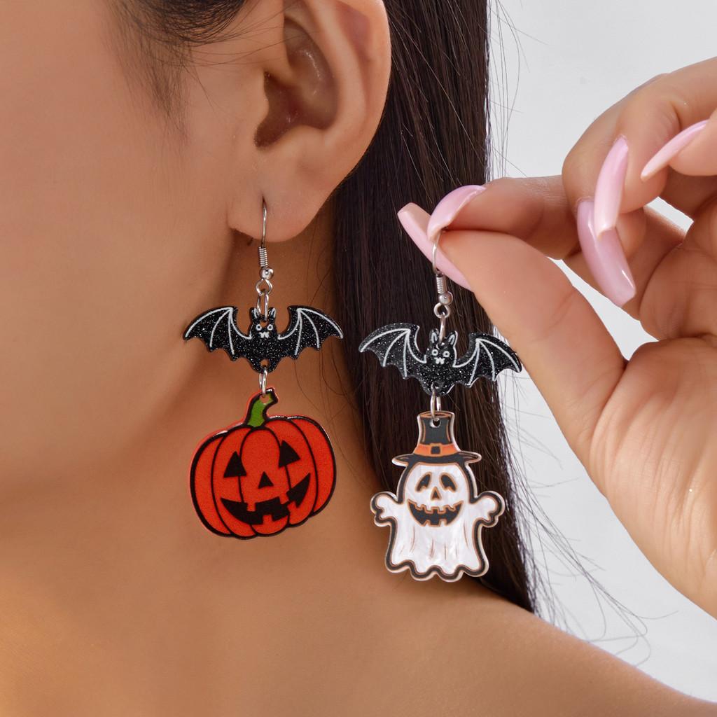 Halloween Bat Pumpkin Ghost Acrylic Earrings With Asymmetrical Animal Design For Festive Wear