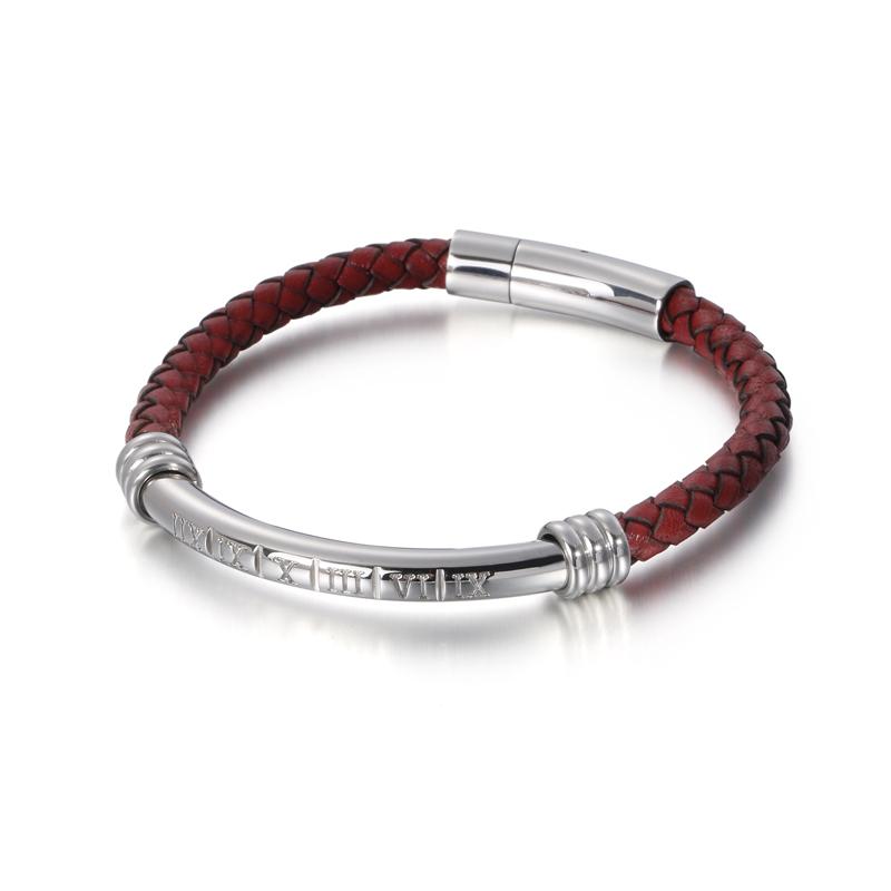 KALEN Roman Numerals Braided Black Red Cowhide Leather Mans Stainless Steel Bangles for Men 23cm&TRENDY