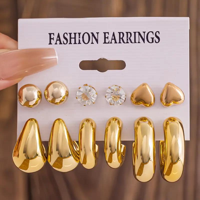12pcs/24pcs New Artificial Crystal Heart Earring Sets for Women Exaggerated C-Shaped Resin Gold-Plated Earrings Jewelry Gifts