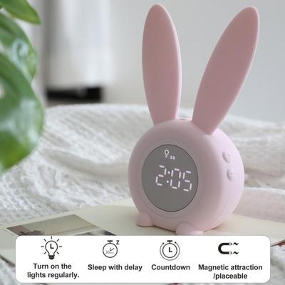 שעון מעורר עם פונקציית נודניק שעון מעורר נטענת לילדים ניתן לעמעום עיצוב ארנב חמוד ברז להשהיה שעון לחדרי שינה