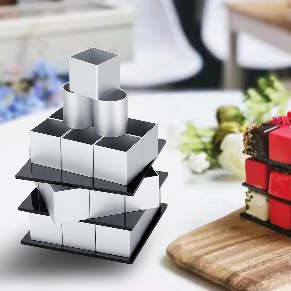 Metal Cube Square Shape Silicone Mold for Cake Decorating Tools DIY 3D Rotation Mousse Dessert Cake Moulds for Kitchen Baking