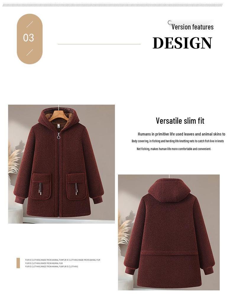 Winter Plush Hooded Jacket for Middle-aged and Elderly Women - Thickened Warm Cotton Outerwear