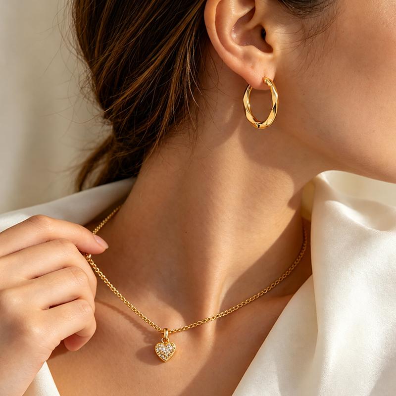 Heartbeat Signal Gold-Plated Heart Zircon Jewelry Set Heart Pendant Necklace And Earring Set Luxury Necklace Earring Jewelry Set