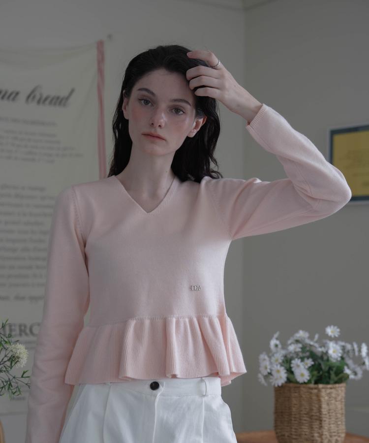 DEHEVE V-Neck Flare Shirring Knit [Pink]