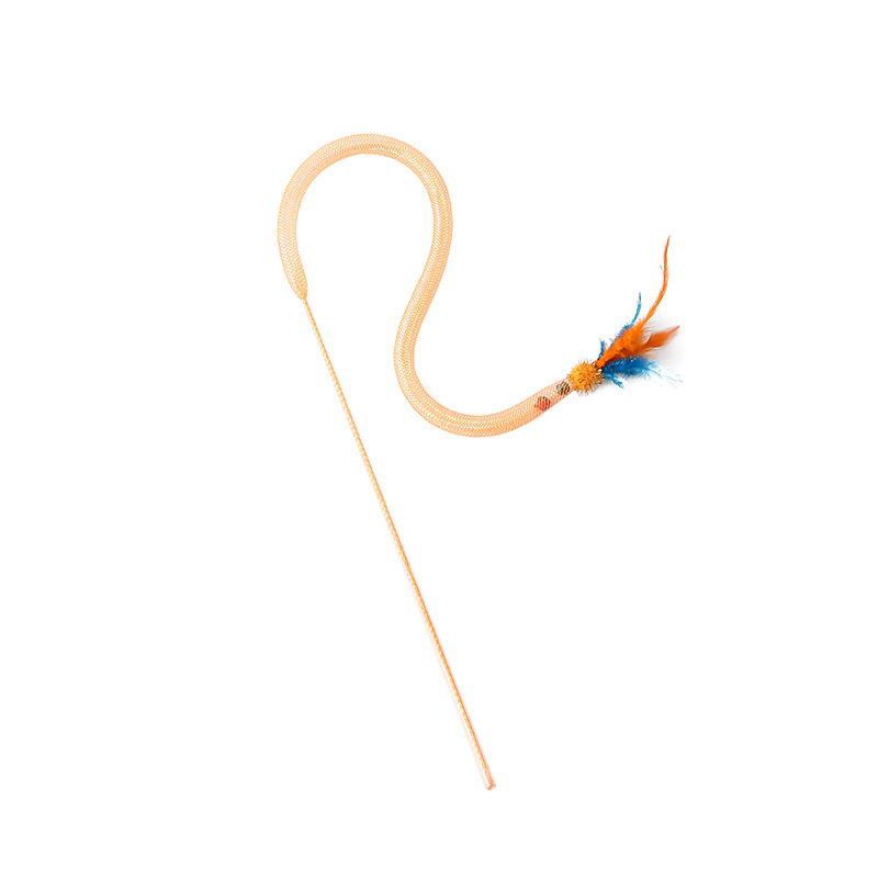 Elastic Feather Snake Teaser Wand with Mesh, Pom-pom, and Bell - Interactive Cat Toy