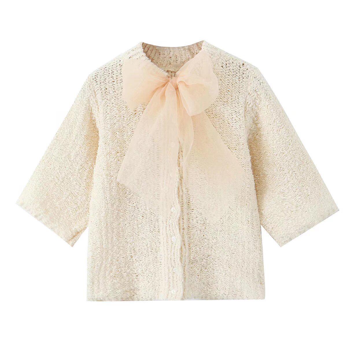 

Весна 2025 Сладкая брошь-бант Прозрачный вязаный топ для женщин Medium грязно-белый