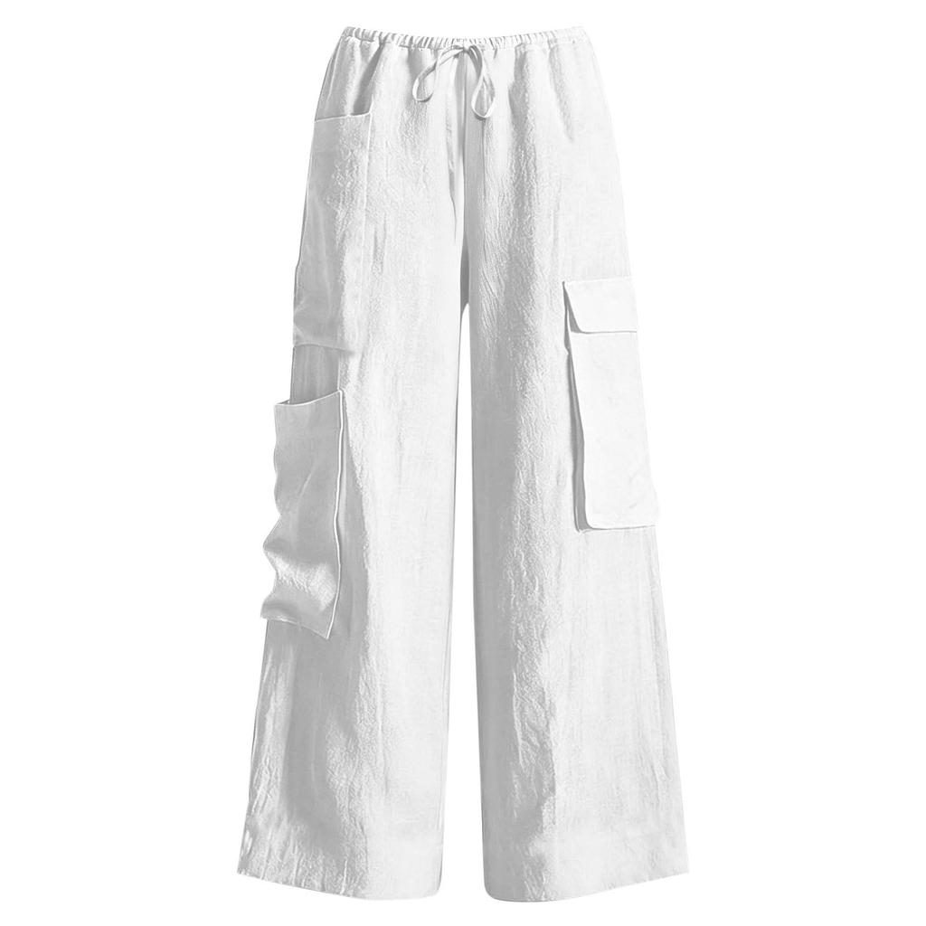 Pantaloni da Donna Casual a Vita Alta a Gamba Larga per Vacanze al Mare con Tasche