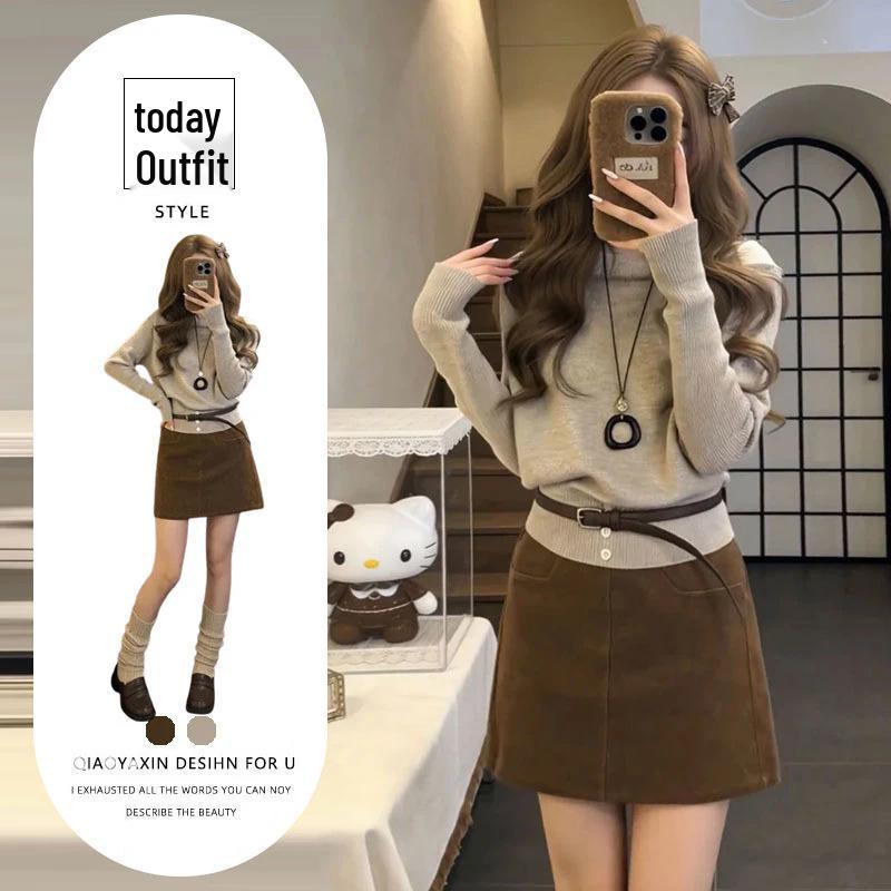 

Women s One-Shoulder Wool Knit Sweater & High-Waist Slim-Fit Skirt Set in Brown 2XL [Recommended for 125-140 lbs]