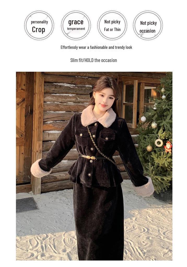 2025 Winter Women's Plus Size Slimming Fur Collar Jacket & Belted Skirt Set