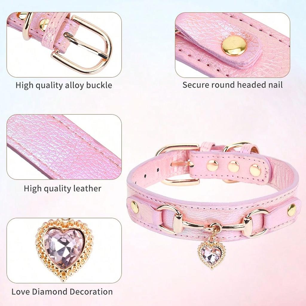 1Pc PU Leather Delicate Pet Dog Collar, High-Quality Leather Fabric And Alloy Fittings. Beautiful Gemstone Decoration.8-15''Neck