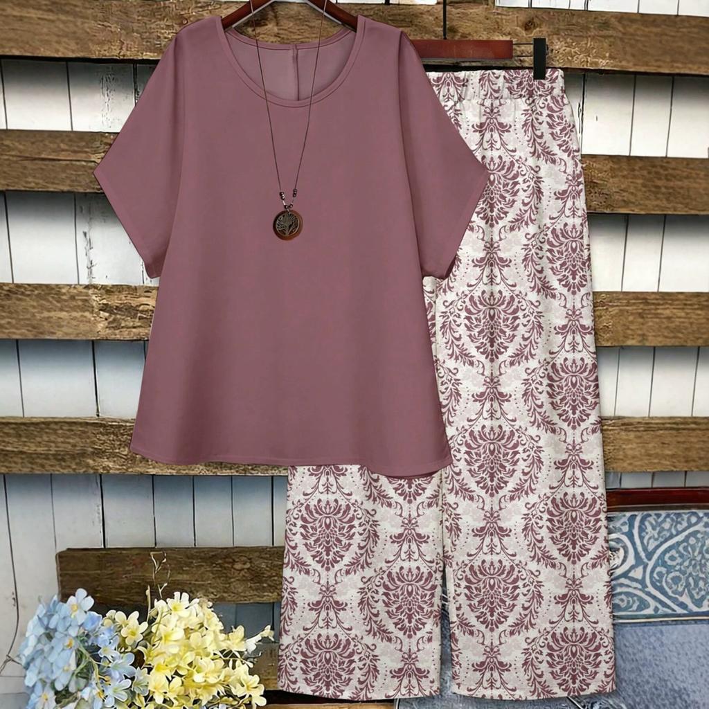 Women's Plus-size Summer New Style Casual Short-sleeved Printed Wide-leg Pants Top and Pants Two-piece Set