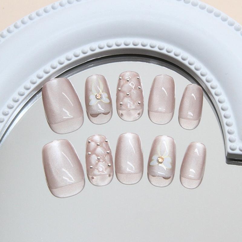 Cats Eye Short Square False Nail Set 24 Pcs Acrylic Press On Nail with Bows Easy Application For Commuting And Event