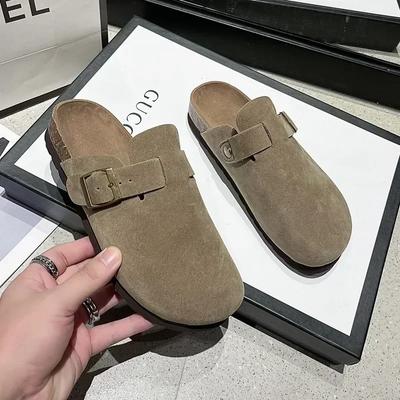 Fashion Women's Slippers with Belt Buckle Suede Flat Bottom Clogs 2024 Spring and Autumn Outdoor Closed Toe Solid Color Women's Slippers