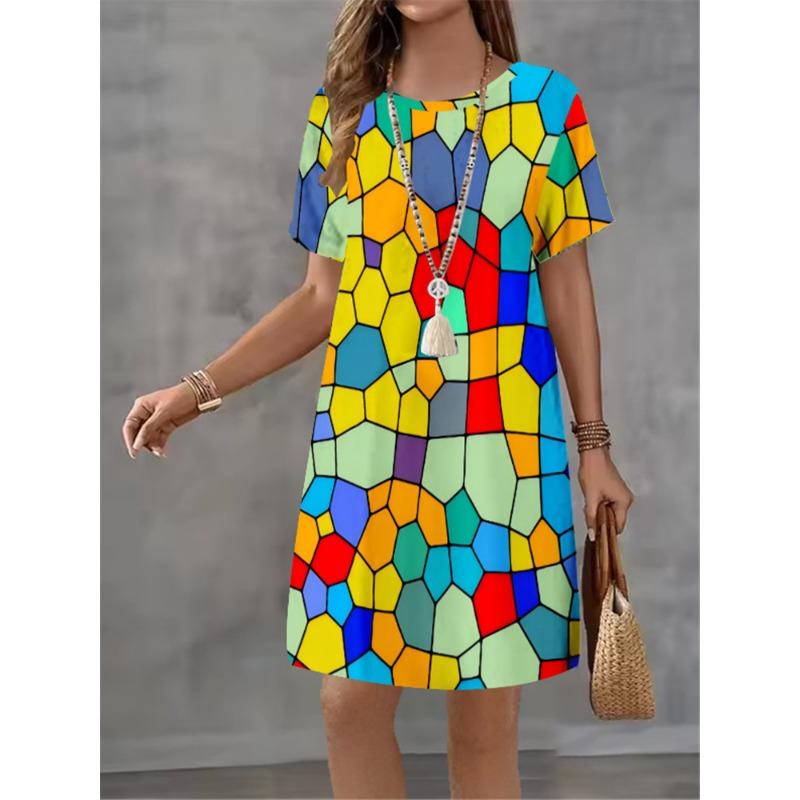 Colorful Geometric Patterns Women Short Dress Summer Fashion 3D Print Loose Mini Dress Casual Short Sleeve Ladies Party Dresses
