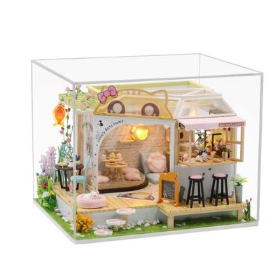 Moin Moin Dollhouse Miniature DIY Kit Set Cat Cafe Paw Print Pet Animal Pink LED Light Acrylic Case Music Box Cat Figure 2204dh318 1/24 [English