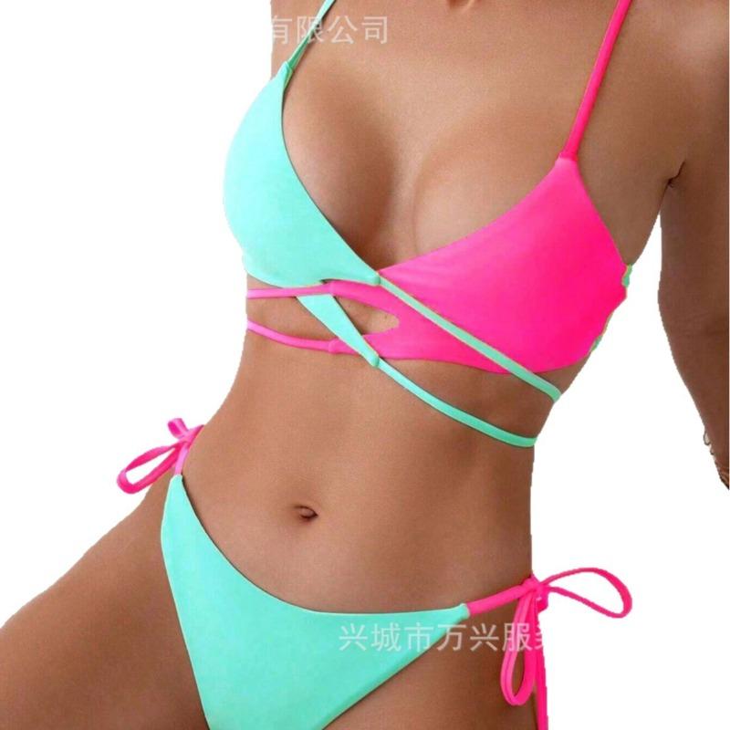 2025 New Color Matching Suspender Sexy Split Swimsuit Women's Three-point Bikini Beach Spa Swimsuit