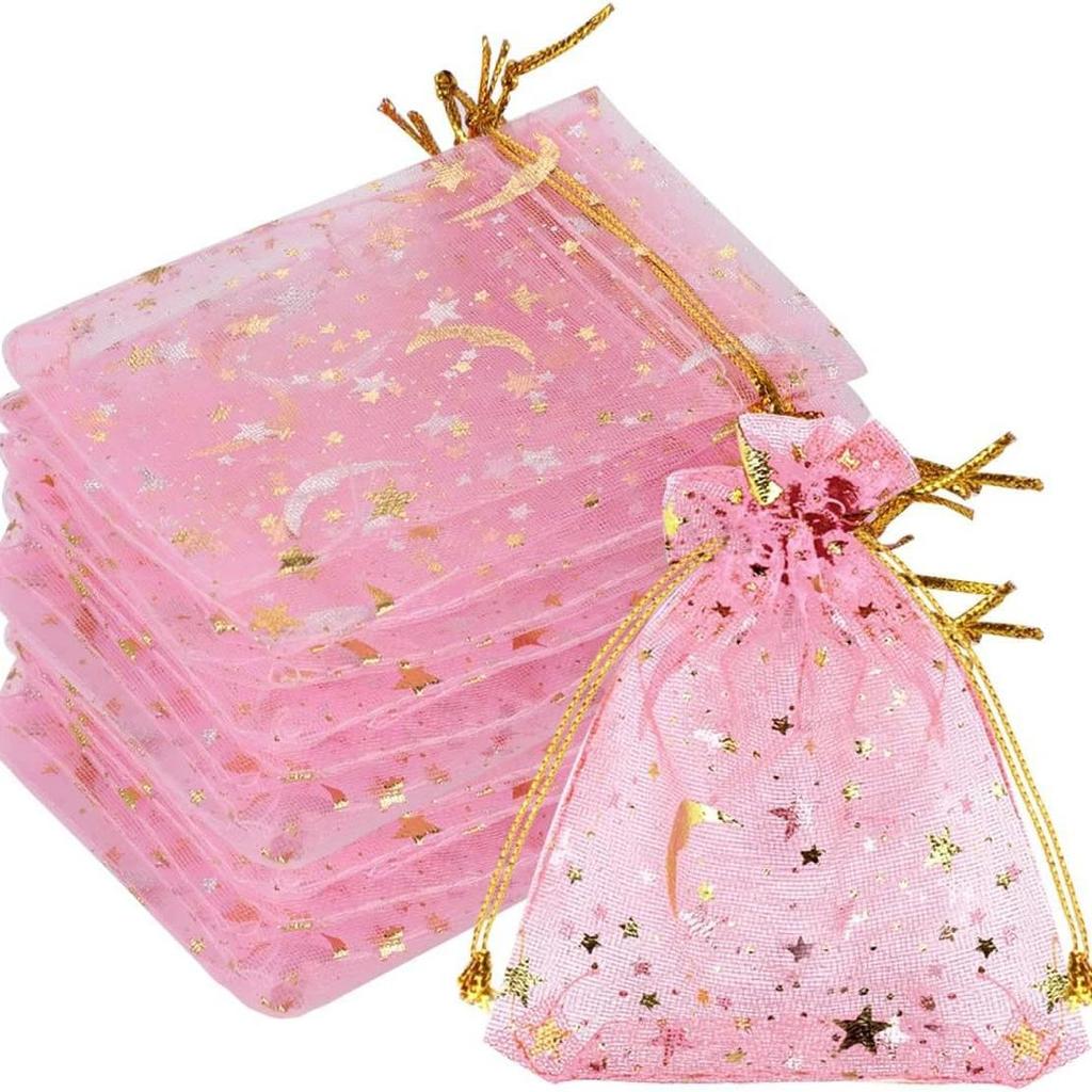 Transparent Organza Mesh Bag with Star & Moon Design, Drawstring Pouch for Jewelry or Candy Gift Packaging